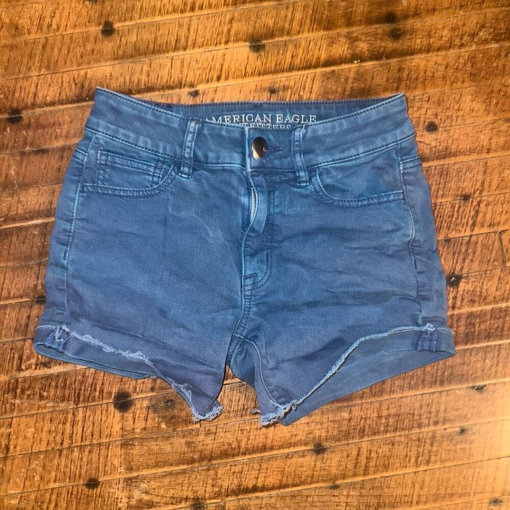 American Eagle hi-rise shortie 0 cutoff blue shorts